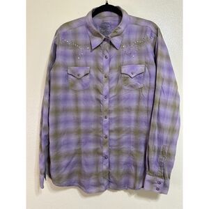 Twenty X Women's Pearl Snap Purple Shadow Studded Plaid Long Sleeve VTG Size XL